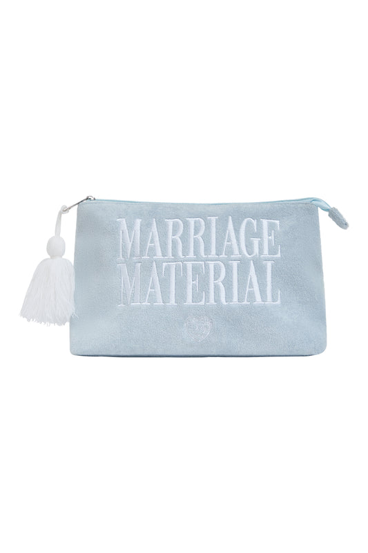 Terry cloth beach tote with 'Marriage Material' embroidery, tassel detail, and zipper – bridal accessory