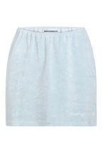 White terry midi skirt with 'Marriage Material™' graphic near hem, styled on ghost mannequin 