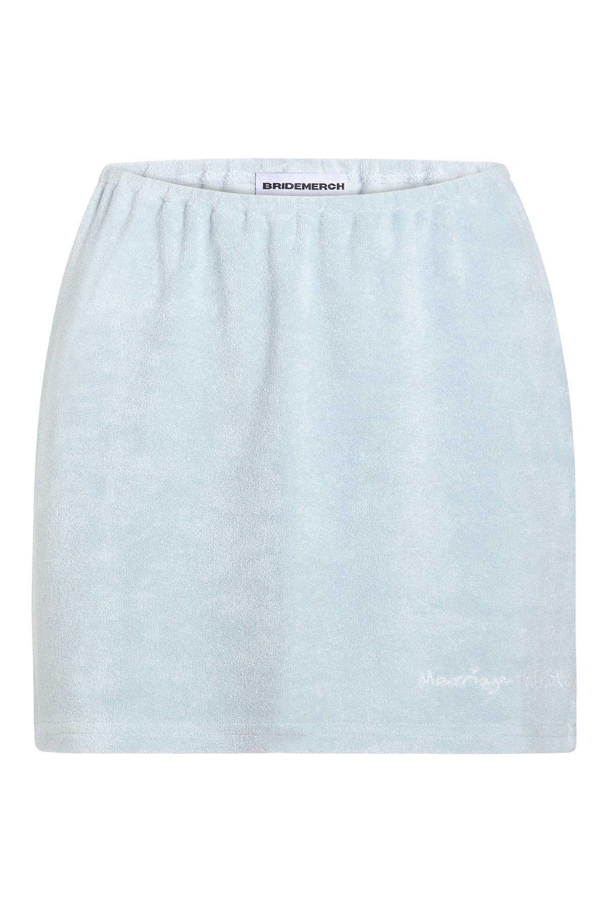 White terry midi skirt with 'Marriage Material™' graphic near hem, styled on ghost mannequin 