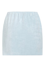 White terry midi skirt with 'Marriage Material™' graphic near hem, back view, styled on ghost mannequin 