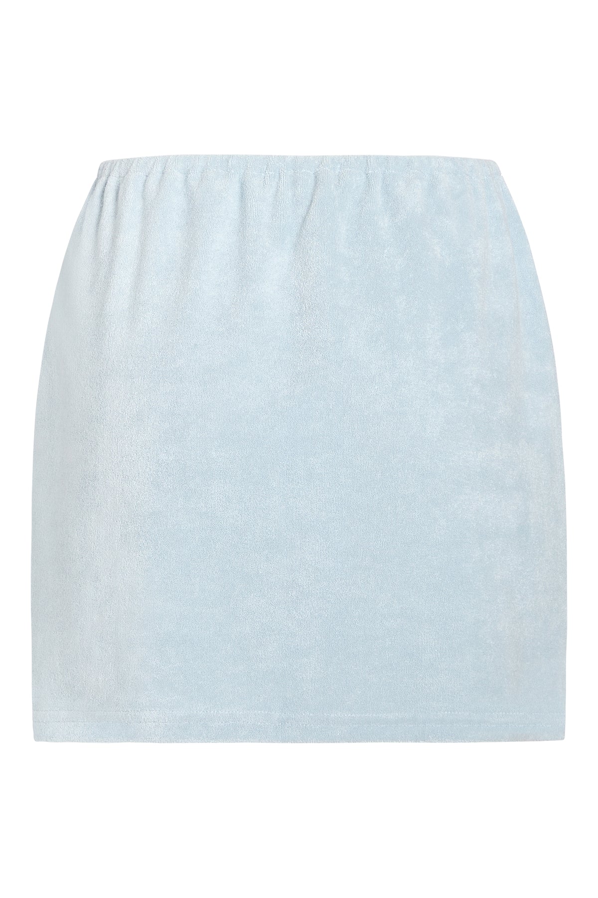 White terry midi skirt with 'Marriage Material™' graphic near hem, back view, styled on ghost mannequin 