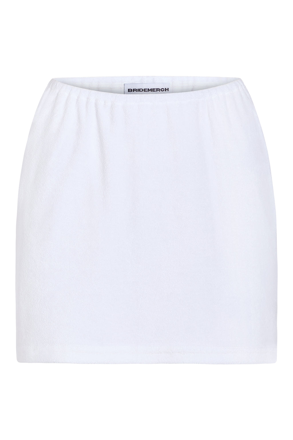 White terry bride midi skirt with elastic waist, styled on ghost mannequin 