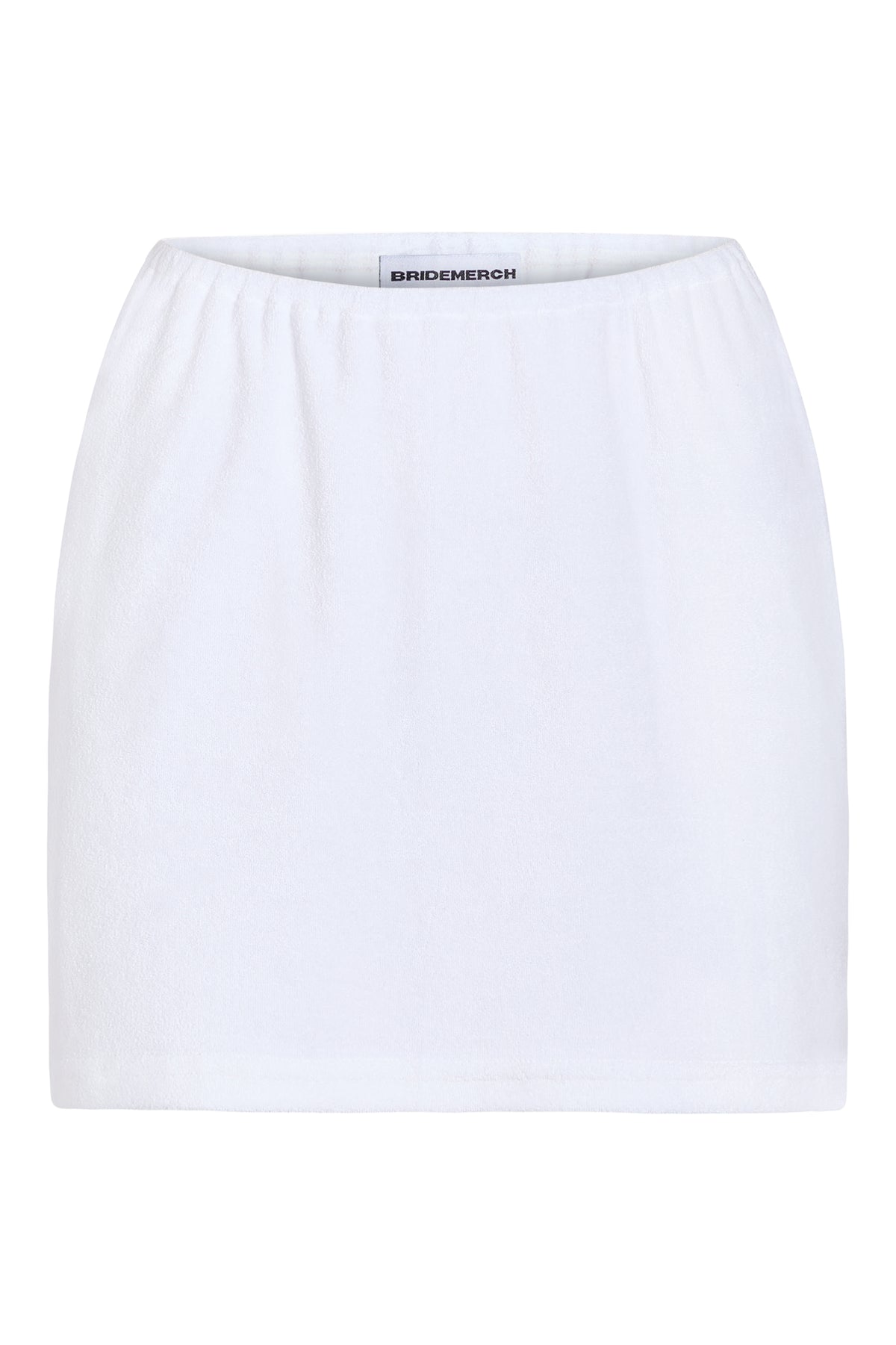 White terry bride midi skirt with elastic waist, styled on ghost mannequin 