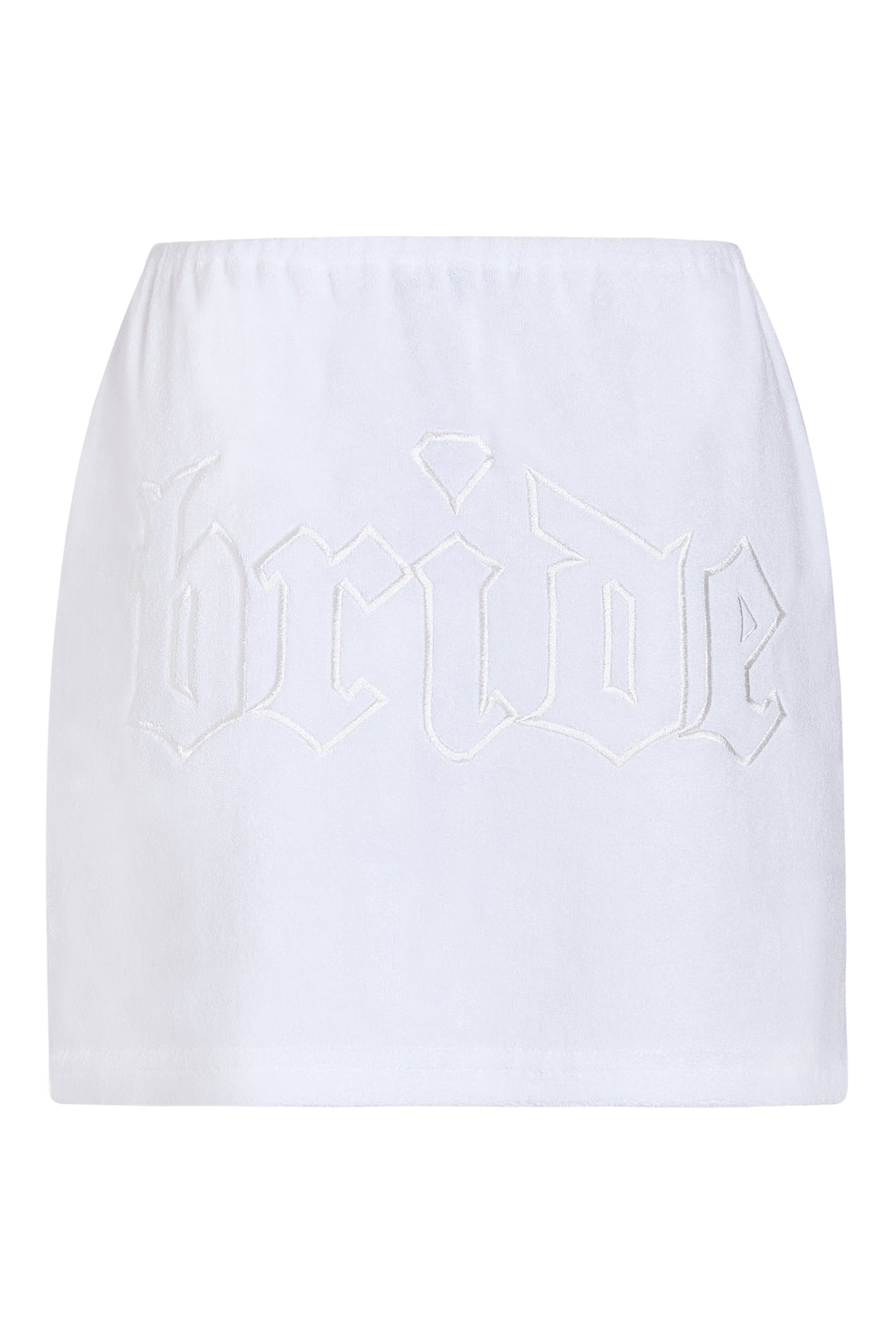 White terry bride midi skirt with elastic waist, back view with bride embroidery, styled on ghost mannequin 