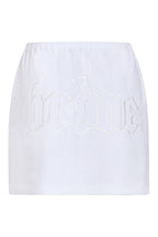 White terry bride midi skirt with elastic waist, back view with bride embroidery, styled on ghost mannequin 