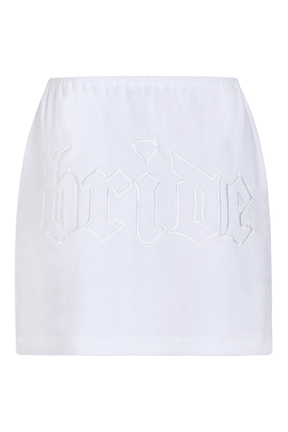 White terry bride midi skirt with elastic waist, back view with bride embroidery, styled on ghost mannequin 