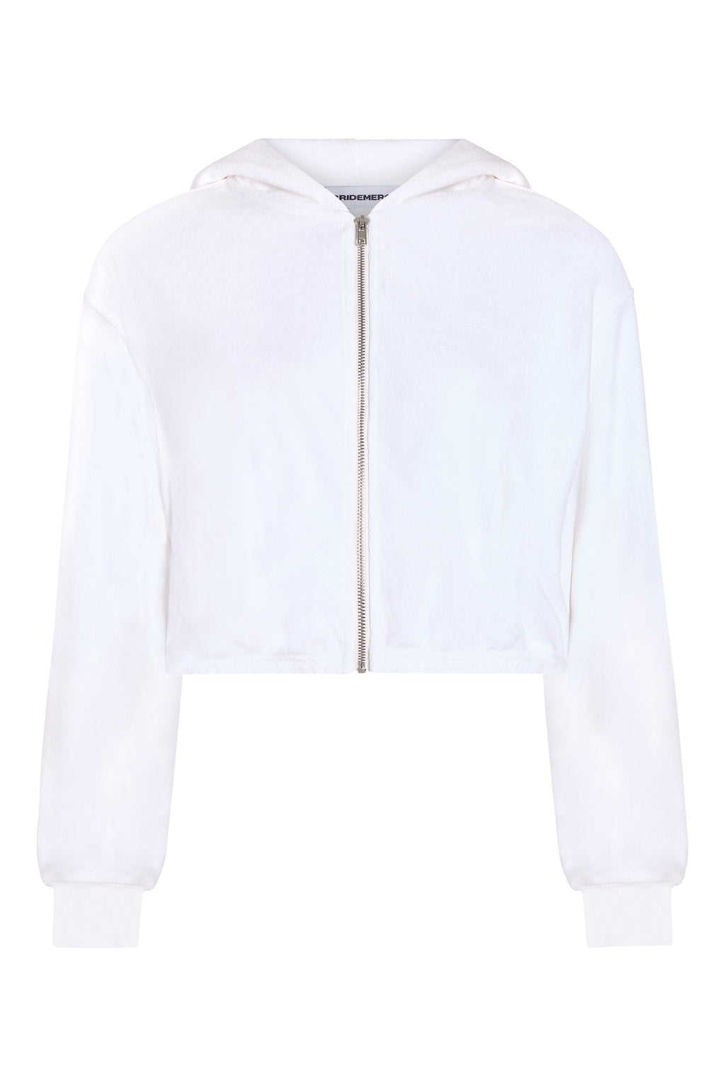 White terry bride zip-up hoodie front view, styled on ghost mannequin 