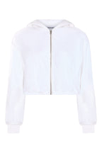 White terry bride zip-up hoodie front view, styled on ghost mannequin 