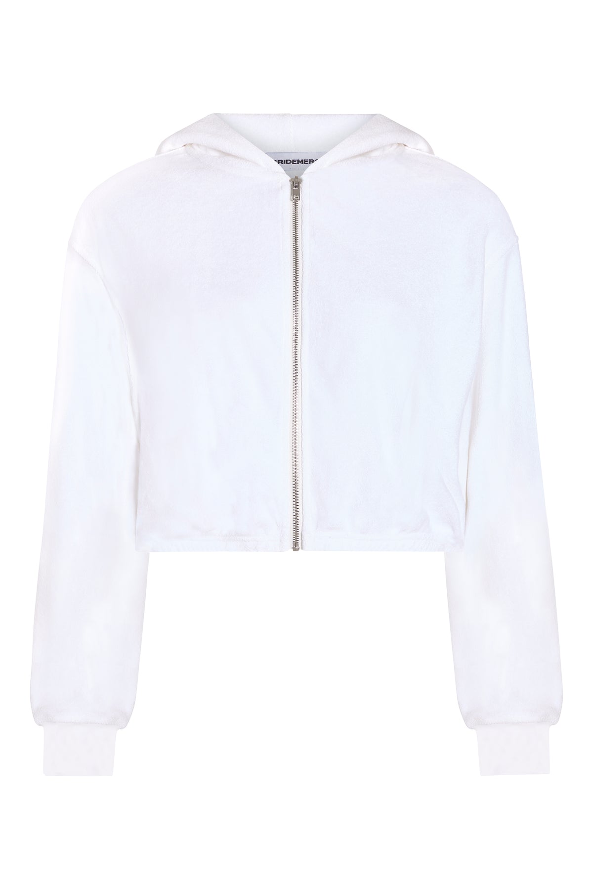 White terry bride zip-up hoodie front view, styled on ghost mannequin 