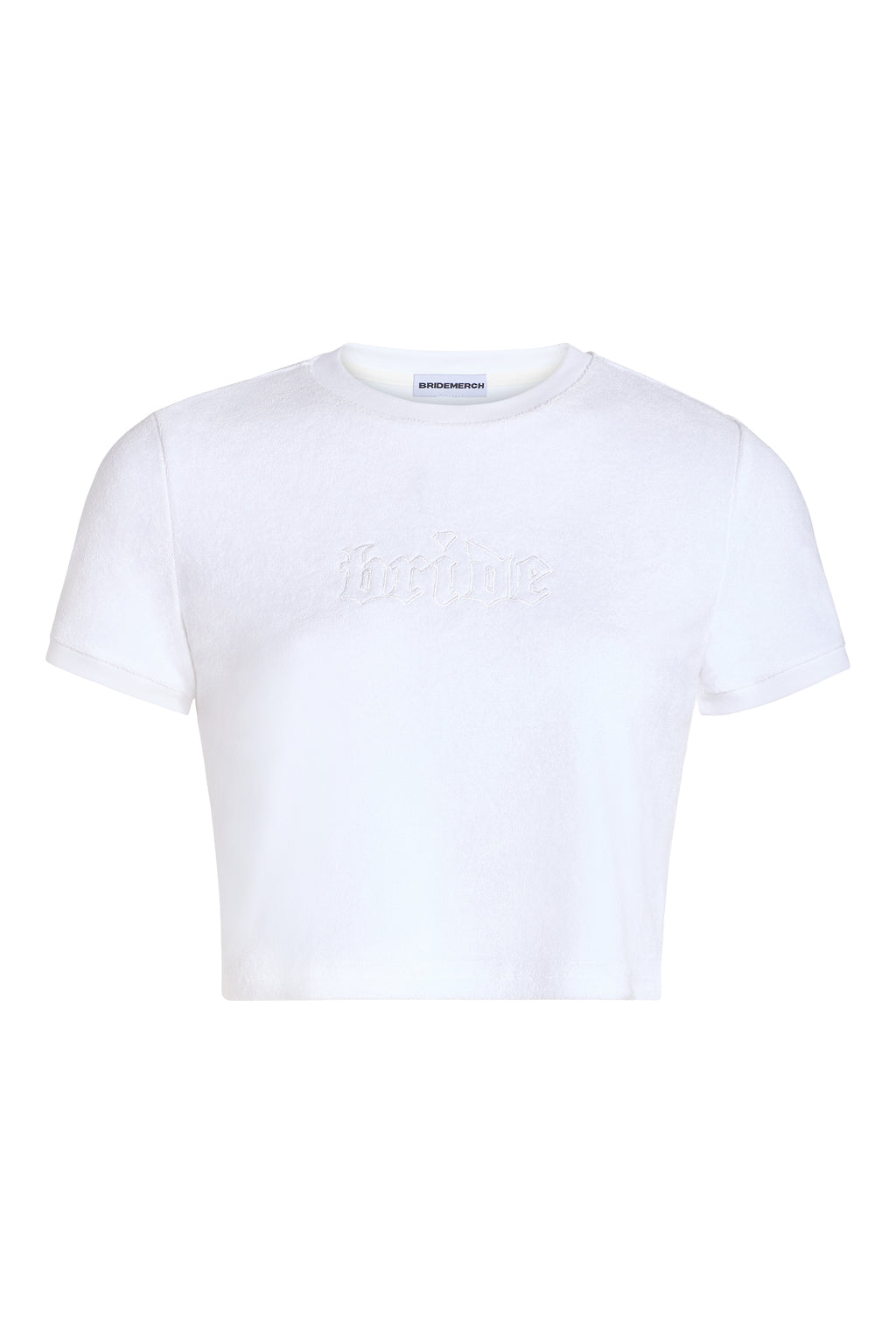 Terry bride baby tee with BRIDE graphic in white on front of shirt, styled on ghost mannequin 