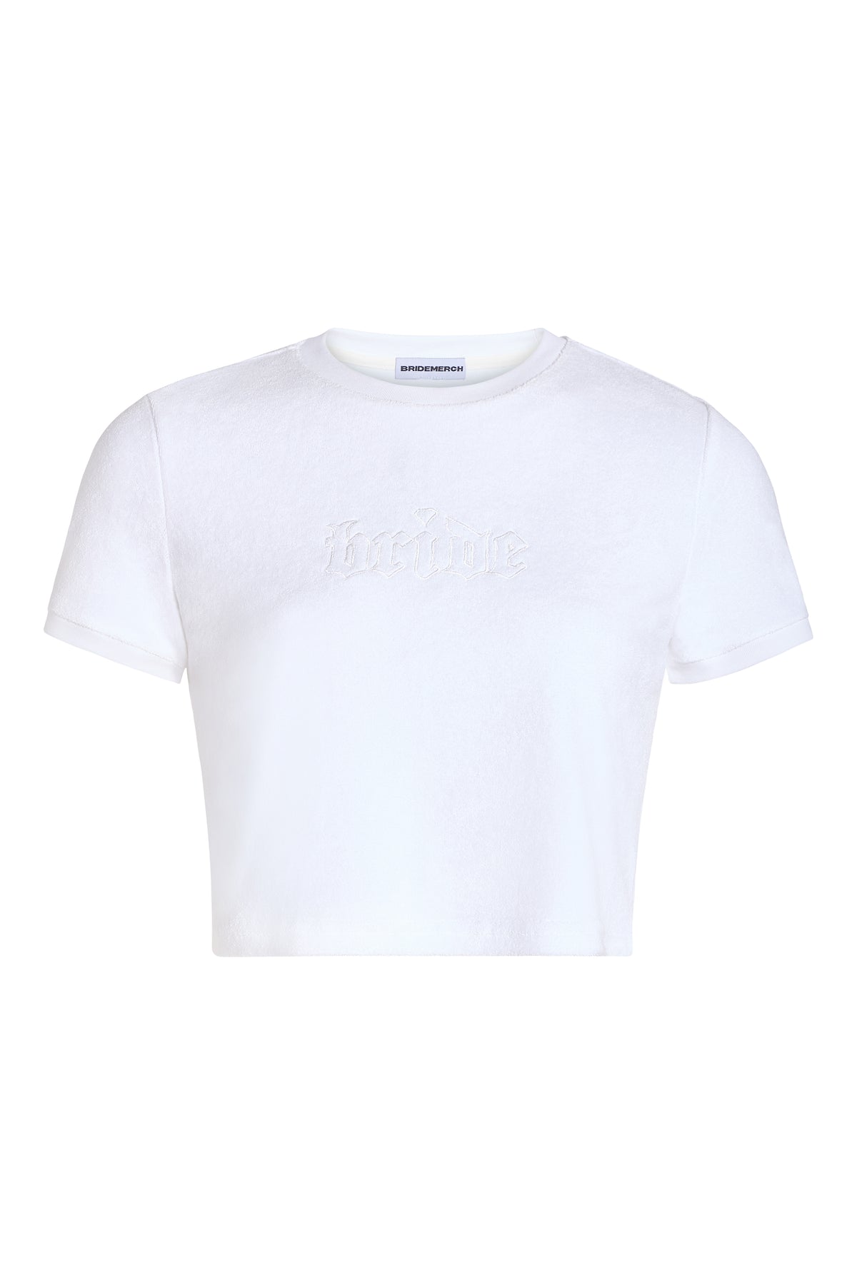 Terry bride baby tee with BRIDE graphic in white on front of shirt, styled on ghost mannequin 