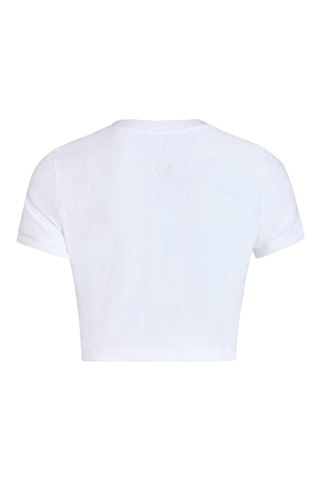 Terry bride baby tee back view, in white, styled on ghost mannequin 