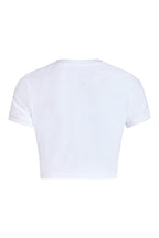 Terry bride baby tee back view, in white, styled on ghost mannequin 