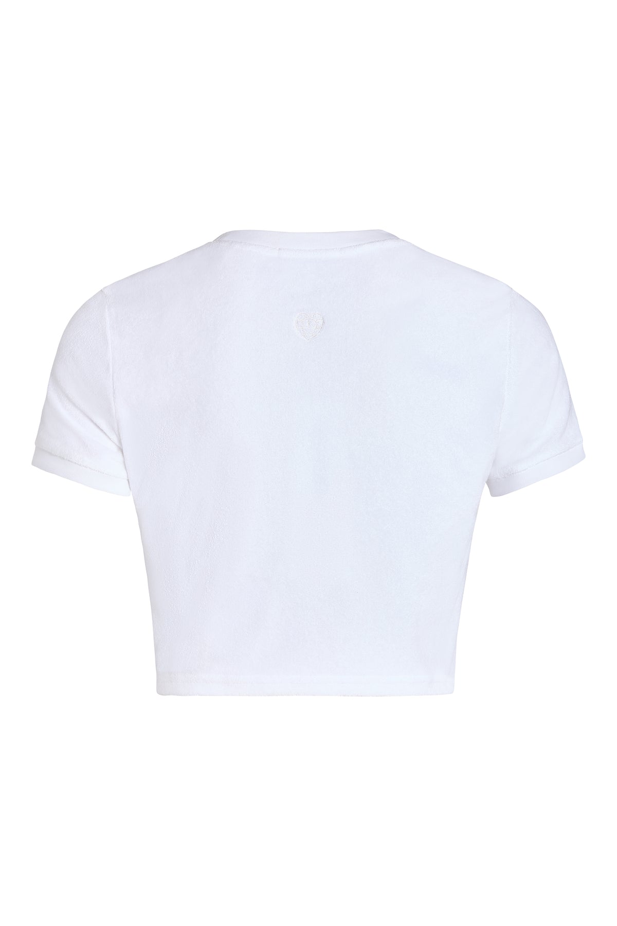 Terry bride baby tee back view, in white, styled on ghost mannequin 