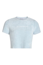 
Terry baby tee with 'Marriage Material™' text in bold font on front chest, styled on ghost mannequin 
