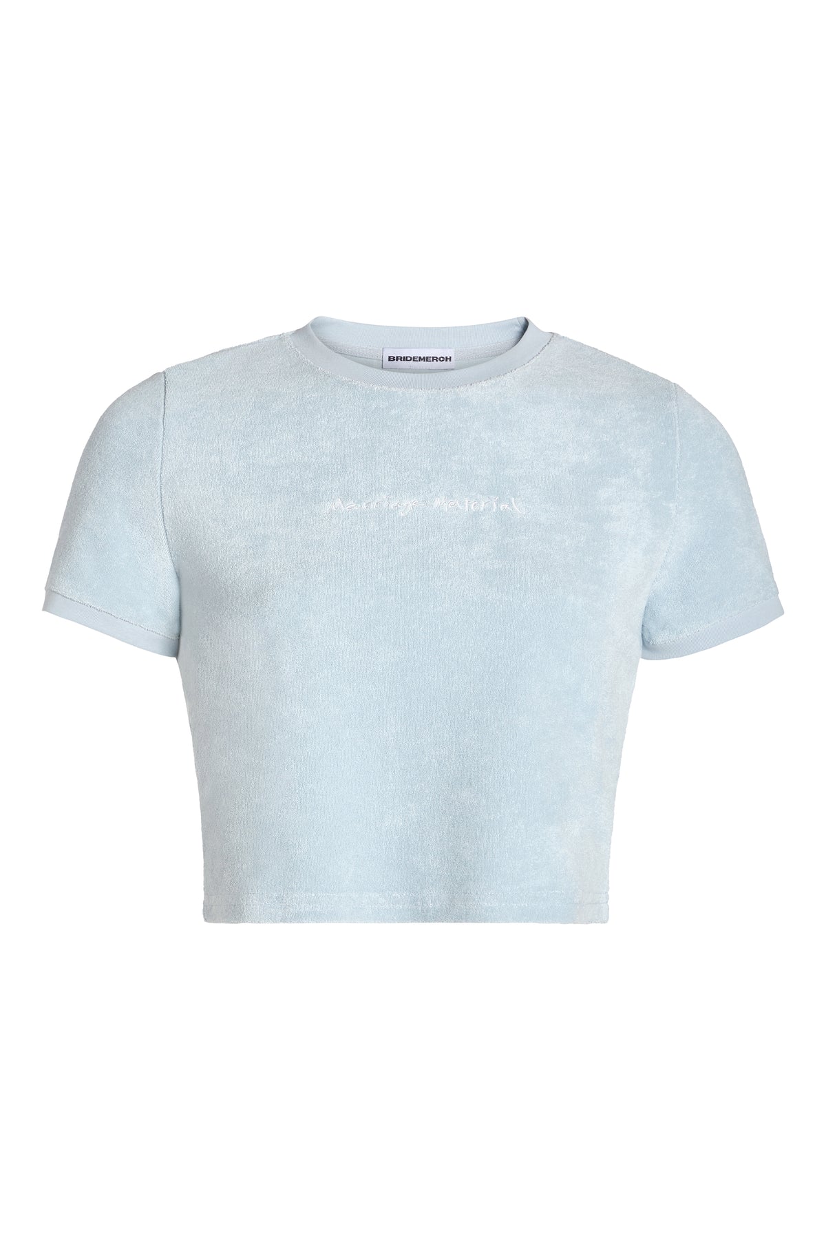
Terry baby tee with 'Marriage Material™' text in bold font on front chest, styled on ghost mannequin 
