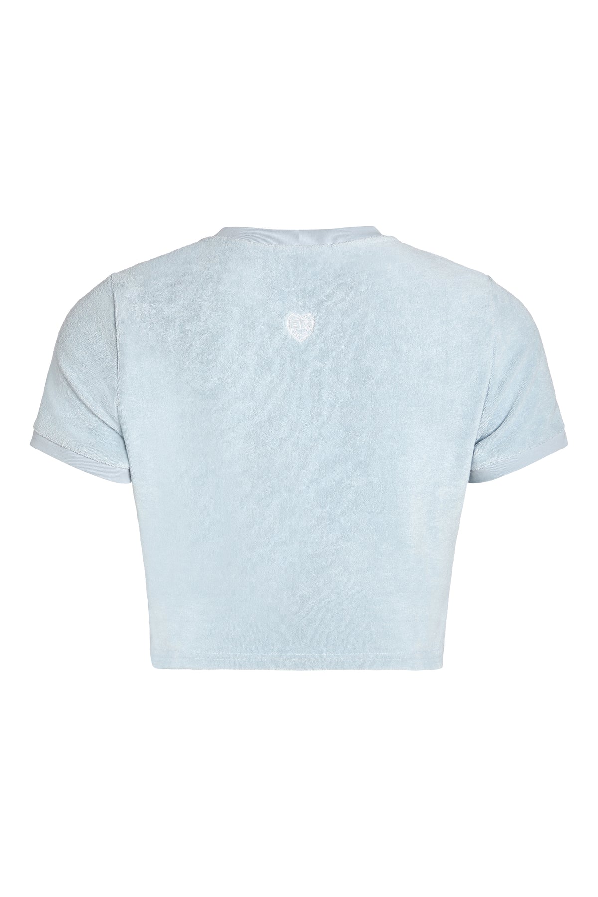 Terry baby tee with BRIDEMERCH heart at back body, styled on ghost mannequin 