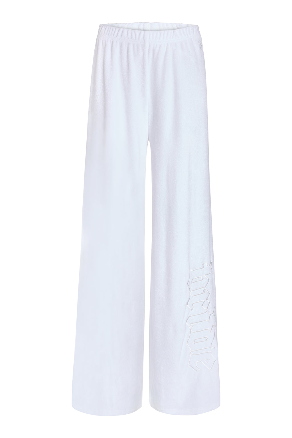 White terry wide-leg pants with BRIDE embroidery at left lower leg, styled on ghost mannequin 
