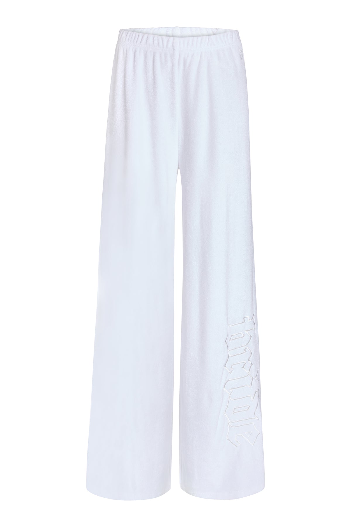 White terry wide-leg pants with BRIDE embroidery at left lower leg, styled on ghost mannequin 