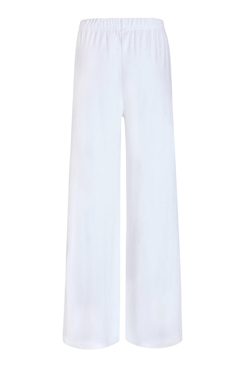White terry wide-leg pants with BRIDE embroidery, back view, styled on ghost mannequin 