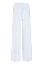 White terry wide-leg pants with BRIDE embroidery, back view, styled on ghost mannequin 
