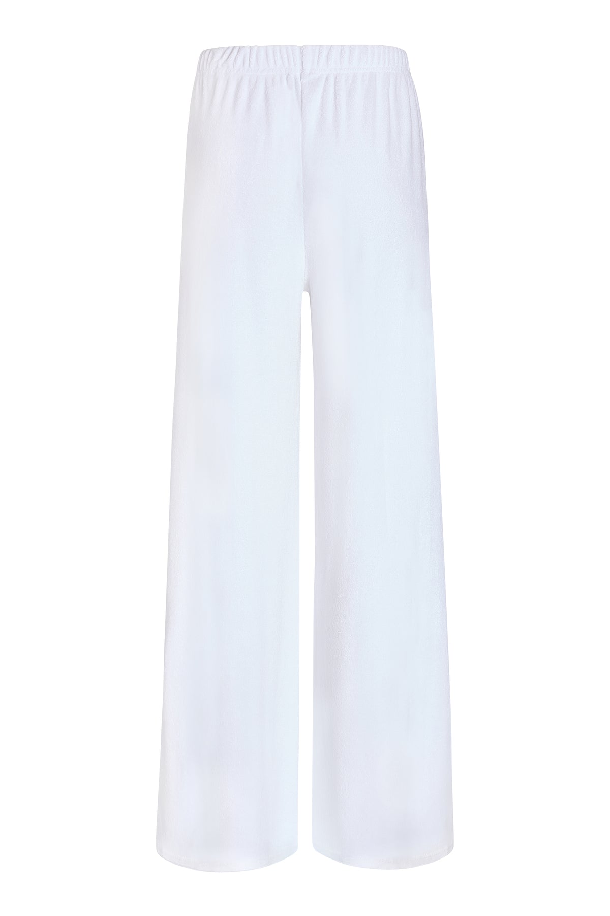 White terry wide-leg pants with BRIDE embroidery, back view, styled on ghost mannequin 