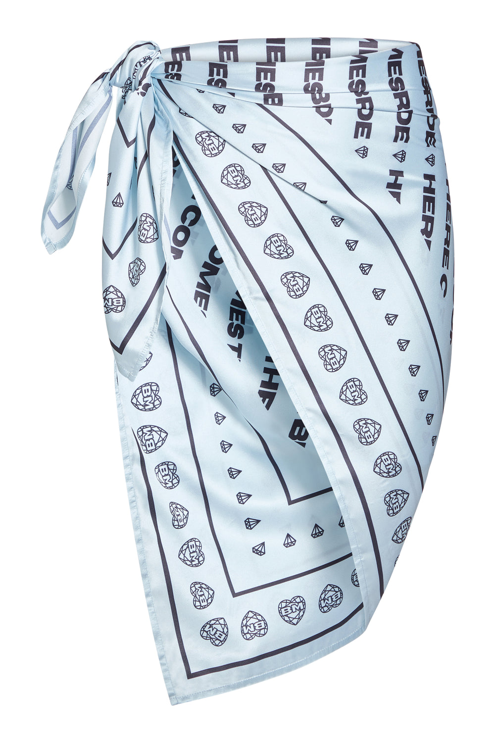 Light blue bridal sarong with 'Here Comes the Bride' all-over print, styled as a cover-up skirt on a ghost mannequin 