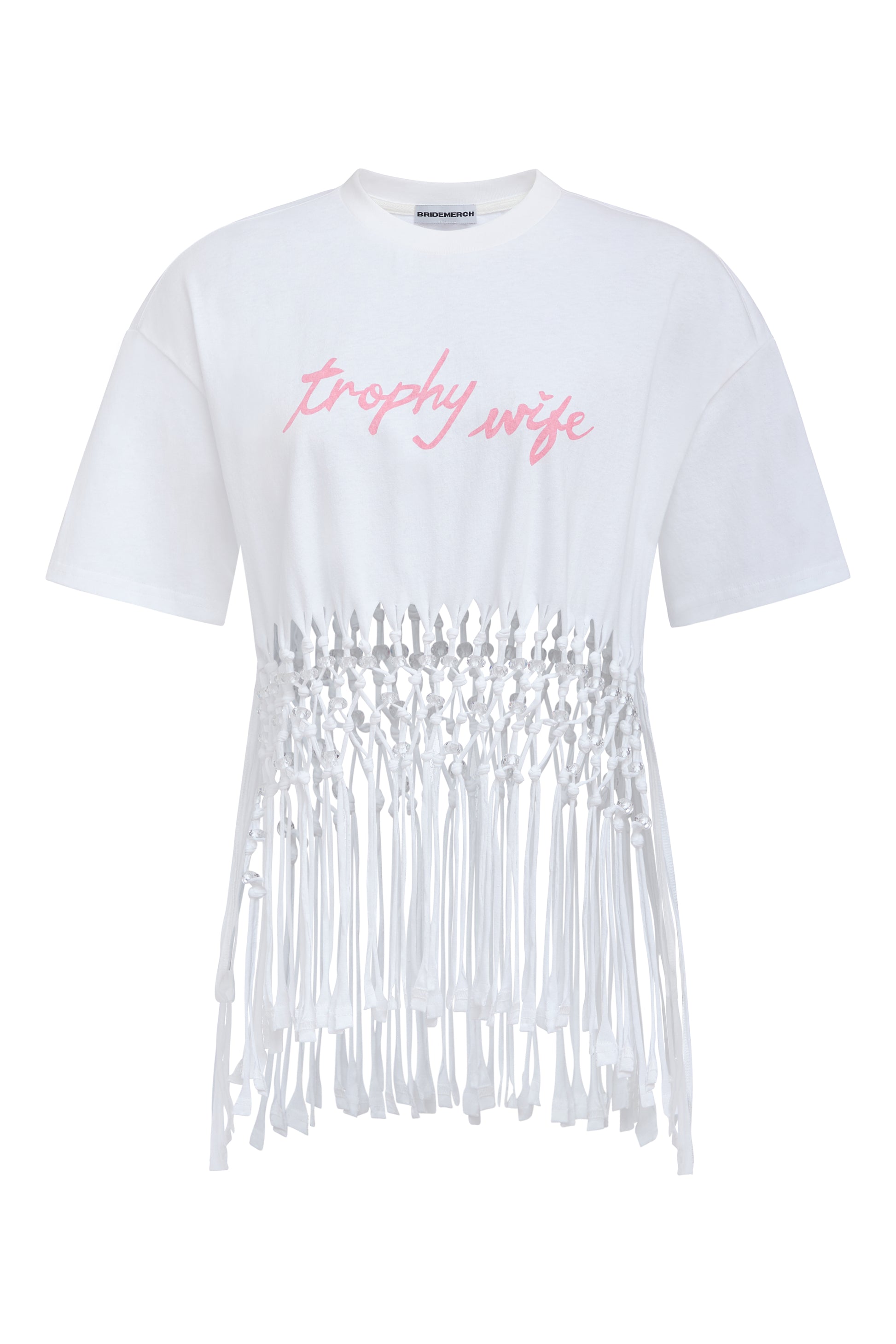 White t-shirt with fringe details and pink text on a white background