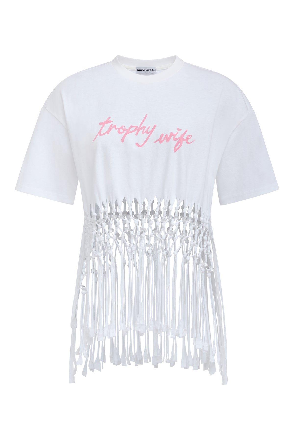 White t-shirt with fringe details and pink text on a white background