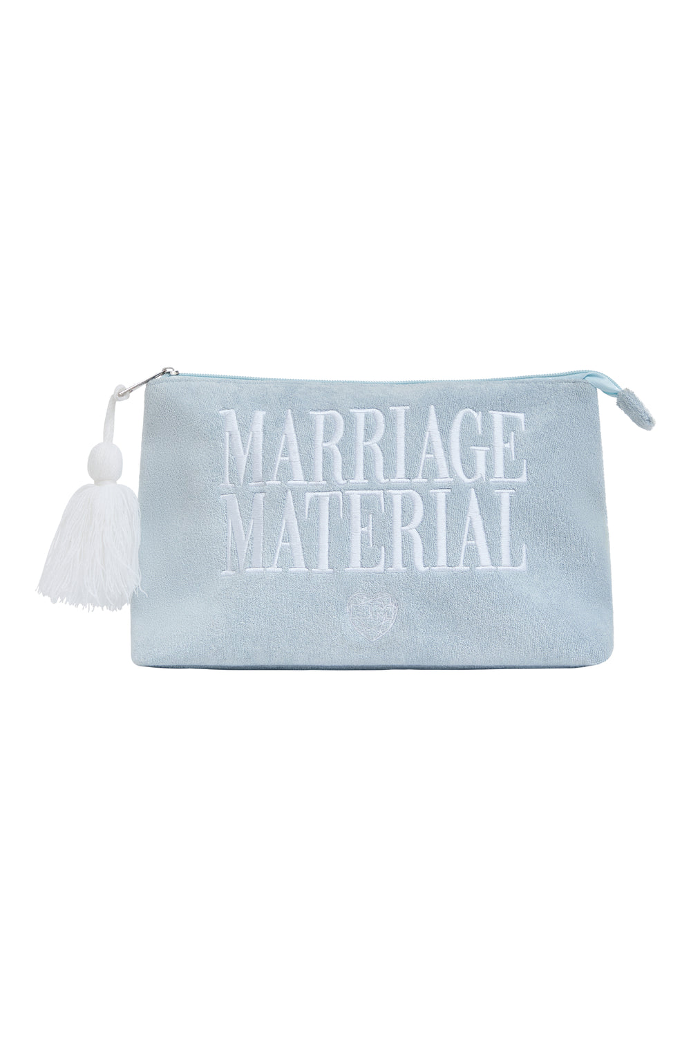 Terry cloth beach tote with 'Marriage Material' embroidery, tassel detail, and zipper – bridal accessory