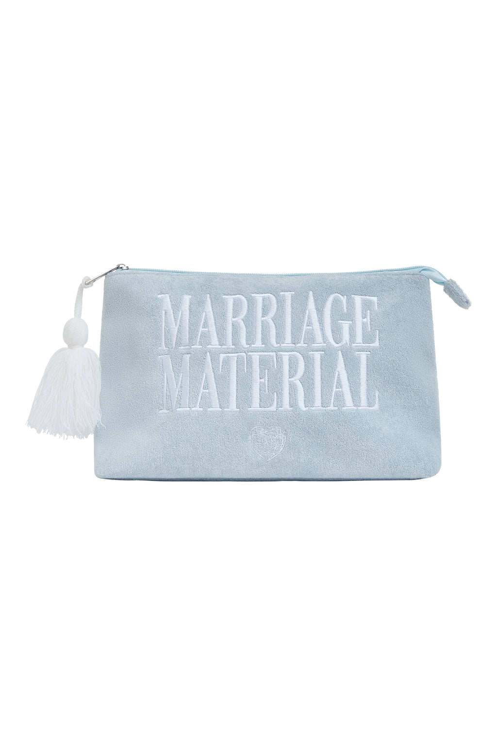 Terry cloth beach tote with 'Marriage Material' embroidery, tassel detail, and zipper – bridal accessory