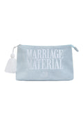 Terry cloth beach tote with 'Marriage Material' embroidery, tassel detail, and zipper – bridal accessory