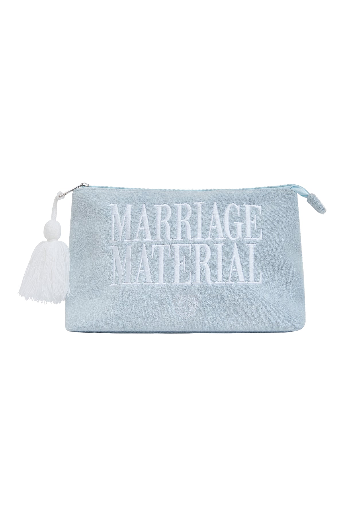 Terry cloth beach tote with 'Marriage Material' embroidery, tassel detail, and zipper – bridal accessory