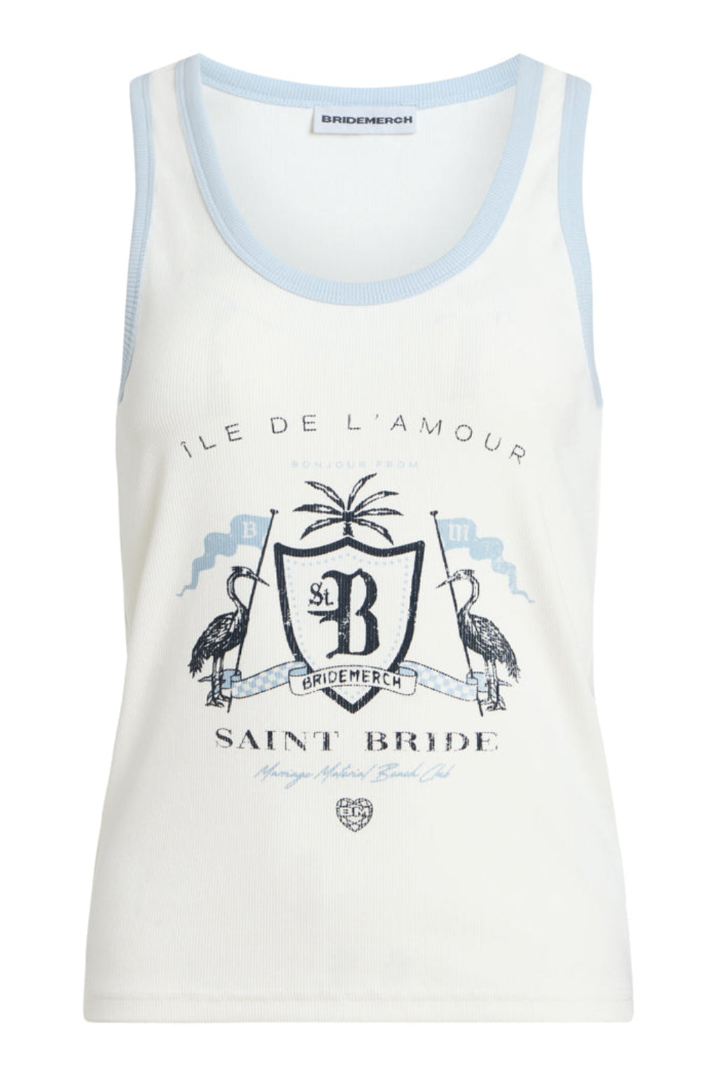 White tank top with blue trim featuring a graphic design and text on a white background