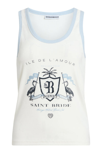White tank top with blue trim featuring a graphic design and text on a white background