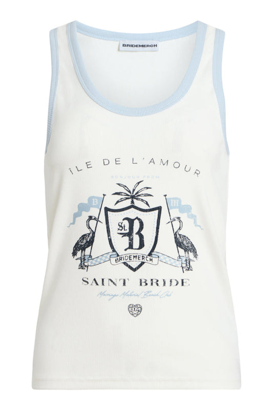 White tank top with blue trim featuring a graphic design and text on a white background