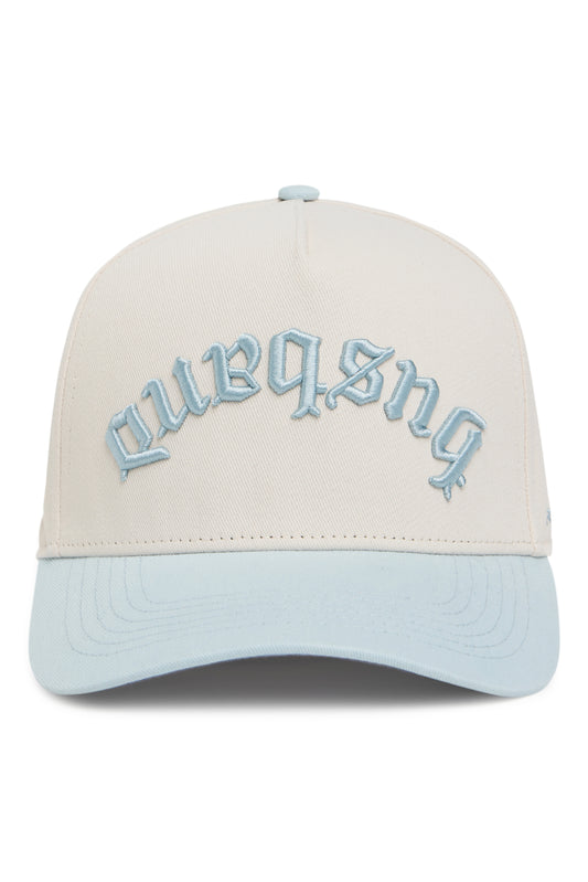 Husband Gothic Trucker Hat – Cream/Light Blue