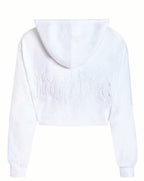 White terry bride zip-up hoodie with embroidery at back, styled on ghost mannequin 
