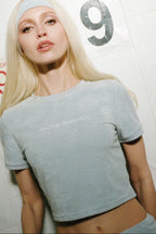 "Marriage Material™" embroidered blue terry tee, fitted on model