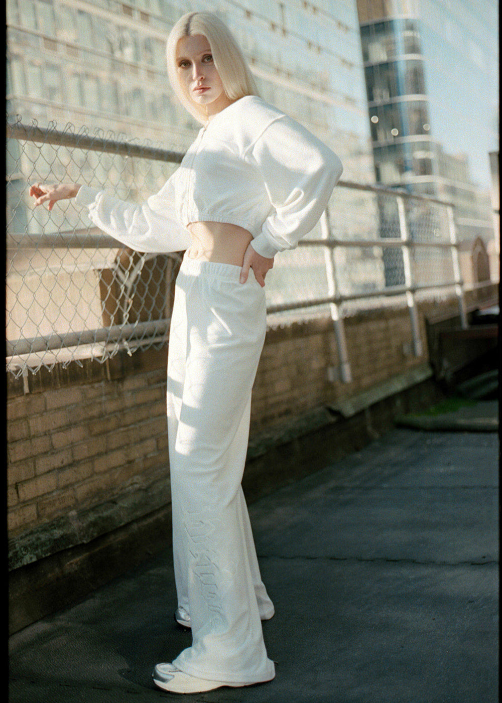 Bridal loungewear: white high-rise terry pants with 'Bride' detail, shown on model